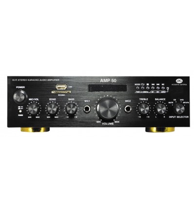 Acoustic Control AMP 50 Amplificador HI-FI Mp3, USB, Tarjeta, FM, 2 Entradas micrófonos, mando, salida altavoces por bornas.